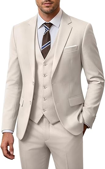 Men's 3 Piece Slim Fit Suit Set, Two Button Blazer Solid Jacket Vest Pants Wedding Business Suit