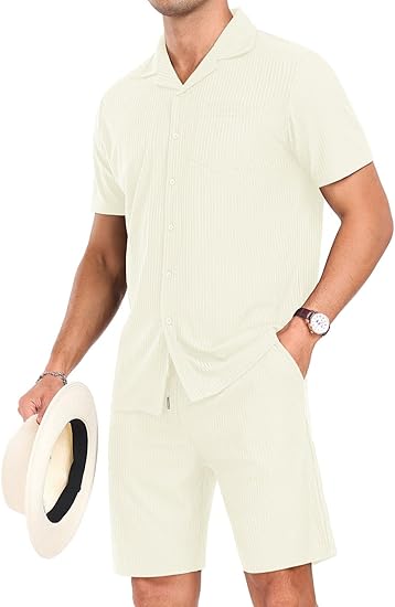 Mens Short Sleeve Outfits 2 Piece Summer Beach Button Down Shirts and Shorts Set Tracksuit with Pockets