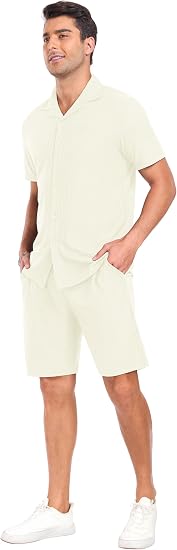 Mens Short Sleeve Outfits 2 Piece Summer Beach Button Down Shirts and Shorts Set Tracksuit with Pockets