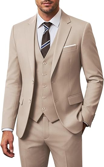 Men's 3 Piece Slim Fit Suit Set, Two Button Blazer Solid Jacket Vest Pants Wedding Business Suit