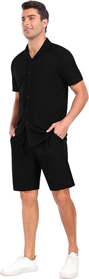 Mens Short Sleeve Outfits 2 Piece Summer Beach Button Down Shirts and Shorts Set Tracksuit with Pockets