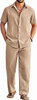 Mens 2 Piece Outfits Casual Summer Beach Textured Button Down Shirt Loose Pants Set