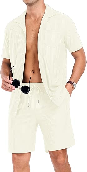 Mens Short Sleeve Outfits 2 Piece Summer Beach Button Down Shirts and Shorts Set Tracksuit with Pockets