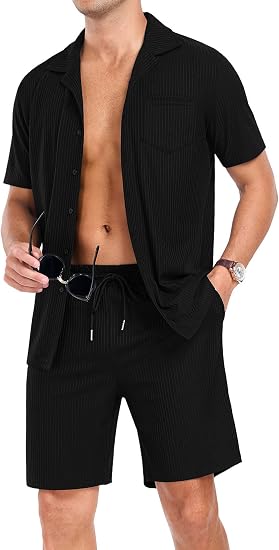 Mens Short Sleeve Outfits 2 Piece Summer Beach Button Down Shirts and Shorts Set Tracksuit with Pockets