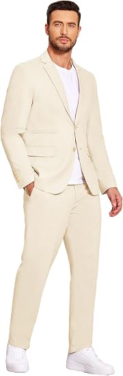 Men's 2 Piece Linen Suits Set Casual Lightweight Linen Suit Blazer Jacket and Pants