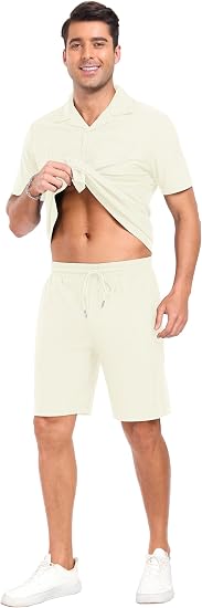 Mens Short Sleeve Outfits 2 Piece Summer Beach Button Down Shirts and Shorts Set Tracksuit with Pockets