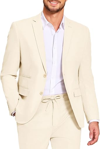 Men's 2 Piece Linen Suits Set Casual Lightweight Linen Suit Blazer Jacket and Pants