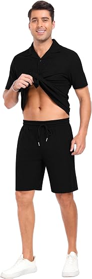 Mens Short Sleeve Outfits 2 Piece Summer Beach Button Down Shirts and Shorts Set Tracksuit with Pockets
