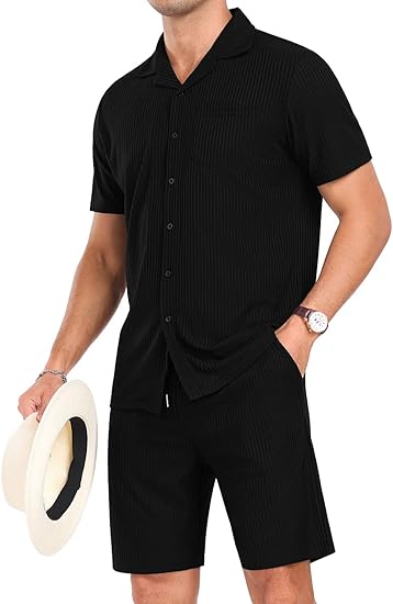 Mens Short Sleeve Outfits 2 Piece Summer Beach Button Down Shirts and Shorts Set Tracksuit with Pockets
