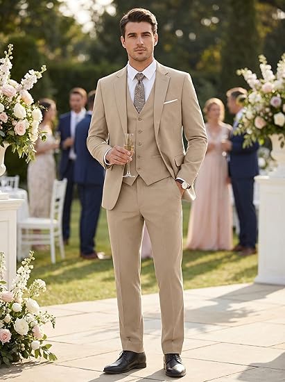 Men's 3 Piece Slim Fit Suit Set, Two Button Blazer Solid Jacket Vest Pants Wedding Business Suit