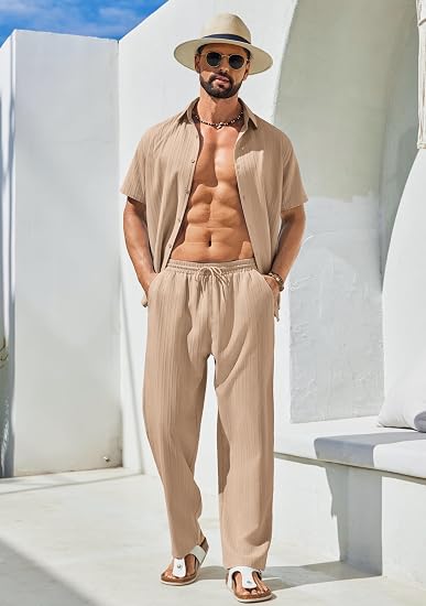 Mens 2 Piece Outfits Casual Summer Beach Textured Button Down Shirt Loose Pants Set