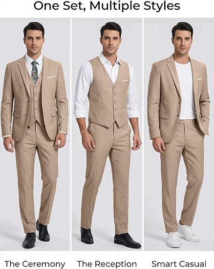 Men's 3 Piece Slim Fit Suit Set, Two Button Blazer Solid Jacket Vest Pants Wedding Business Suit