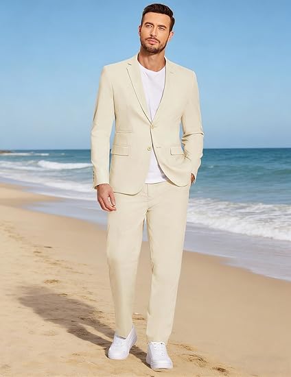 Men's 2 Piece Linen Suits Set Casual Lightweight Linen Suit Blazer Jacket and Pants
