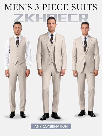 Men's 3 Piece Slim Fit Suit Set, Two Button Blazer Solid Jacket Vest Pants Wedding Business Suit