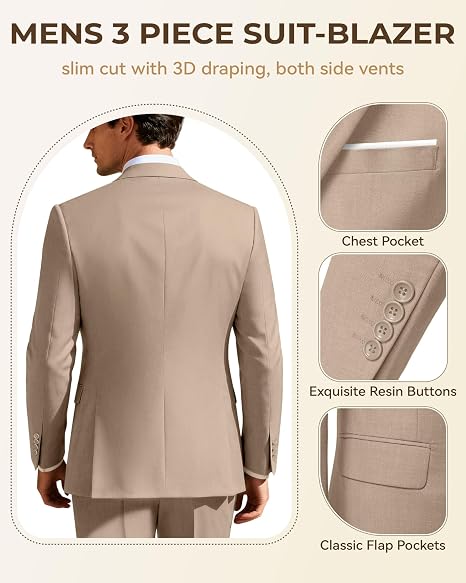 Men's 3 Piece Slim Fit Suit Set, Two Button Blazer Solid Jacket Vest Pants Wedding Business Suit