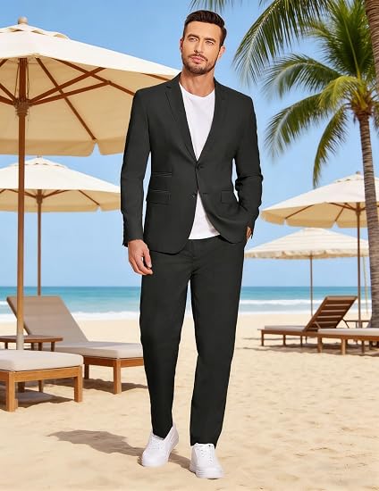 Men's 2 Piece Linen Suits Set Casual Lightweight Linen Suit Blazer Jacket and Pants