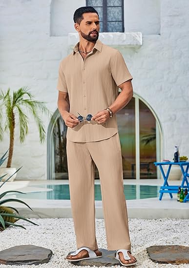 Mens 2 Piece Outfits Casual Summer Beach Textured Button Down Shirt Loose Pants Set