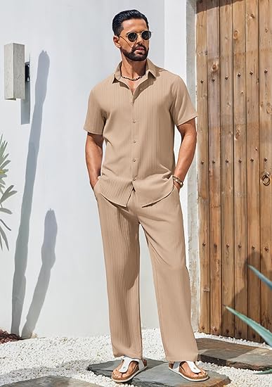 Mens 2 Piece Outfits Casual Summer Beach Textured Button Down Shirt Loose Pants Set